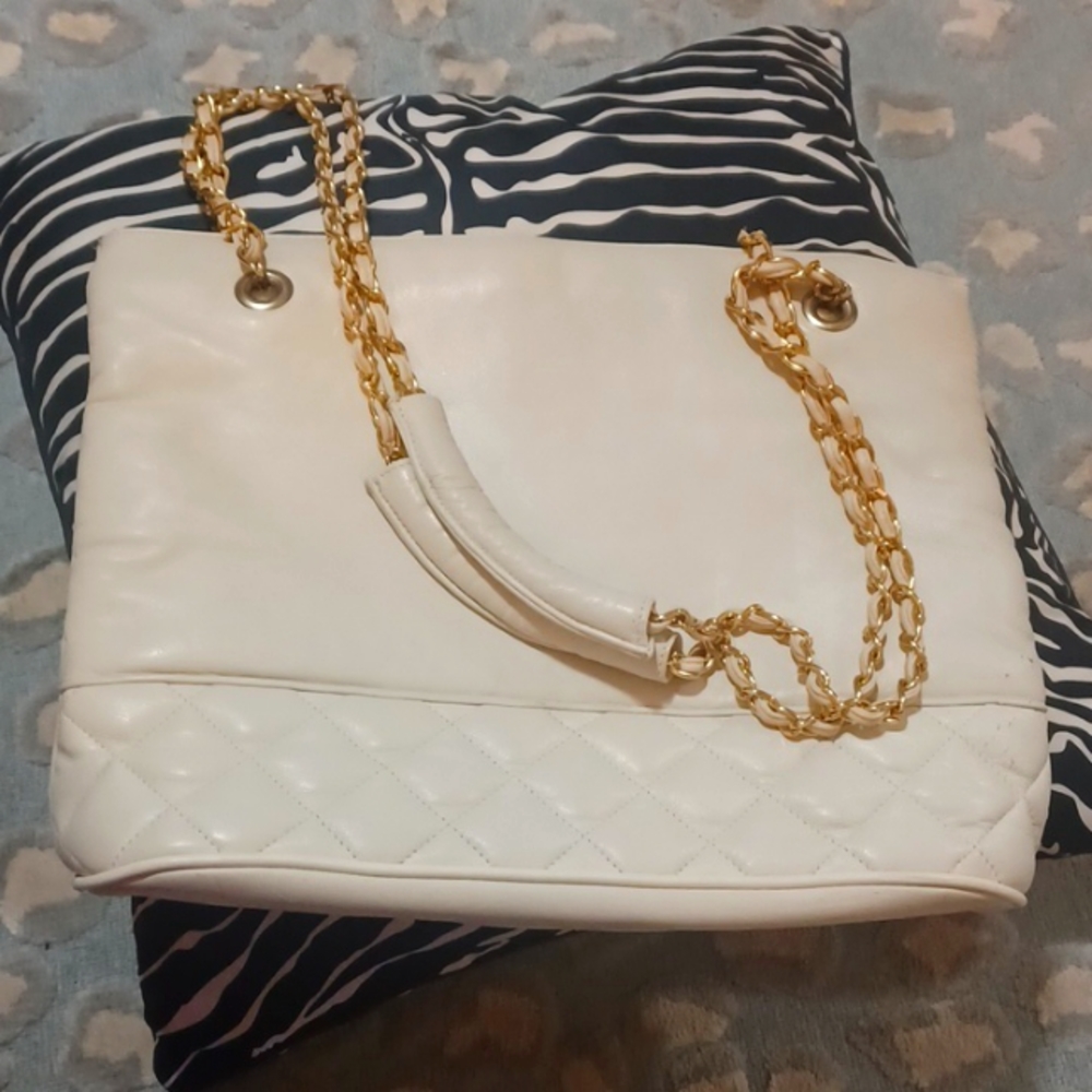 VINTAGE CREAM LAMBSKIN LEATHER TOTE BAG